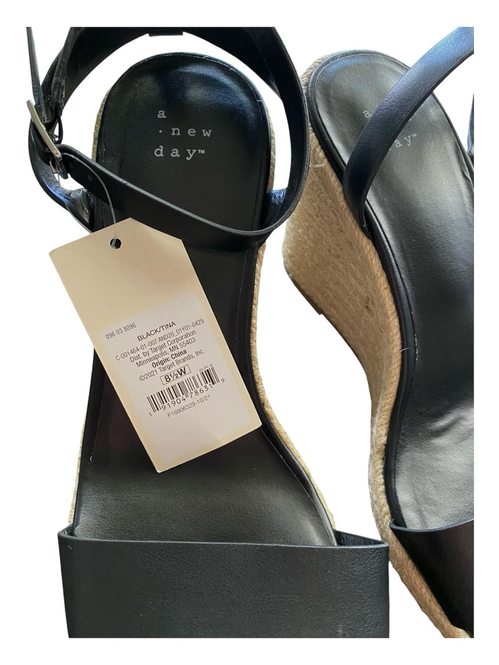 A New Day Black Espadrille Wedge Sandals 8.5W Wide Width Coastal Ankle Strap - Picture 5 of 6